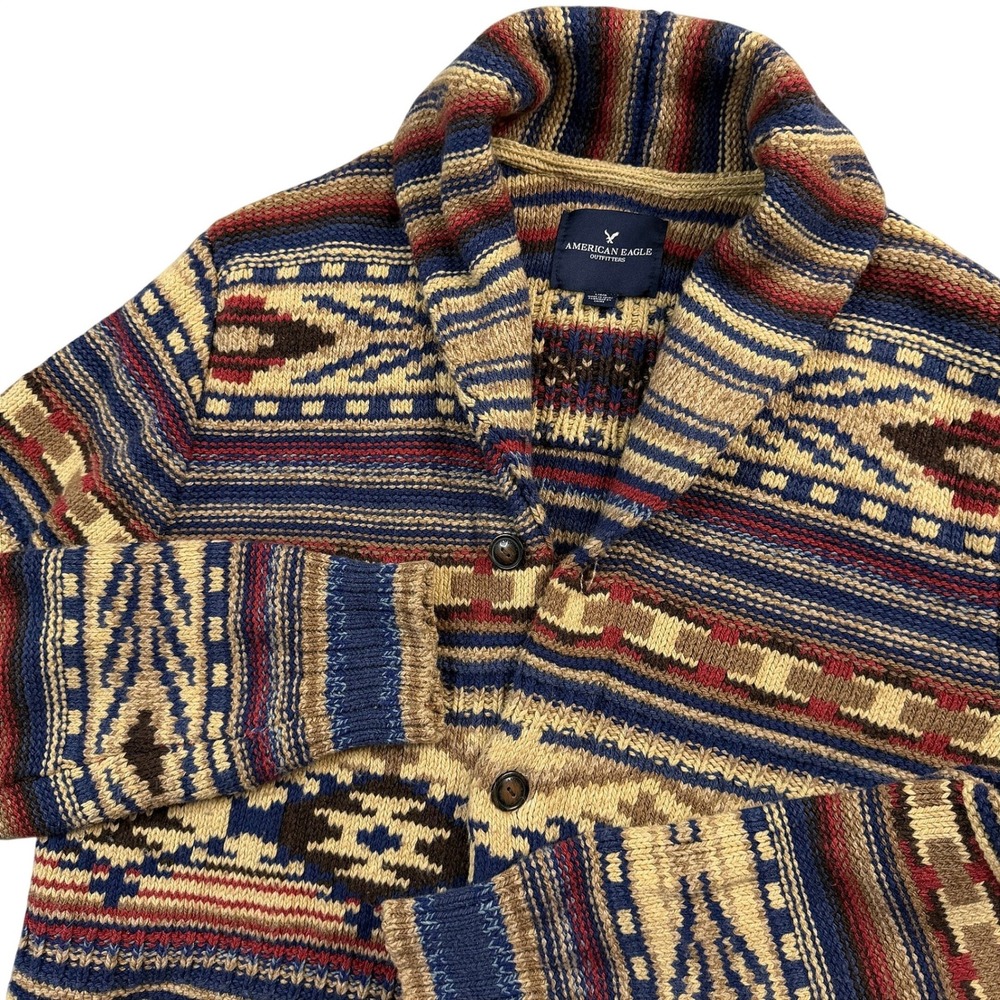 American Eagle Mens Large Southwestern Shawl Collar Button Cardigan Sweater Blue - Picture 5 of 13
